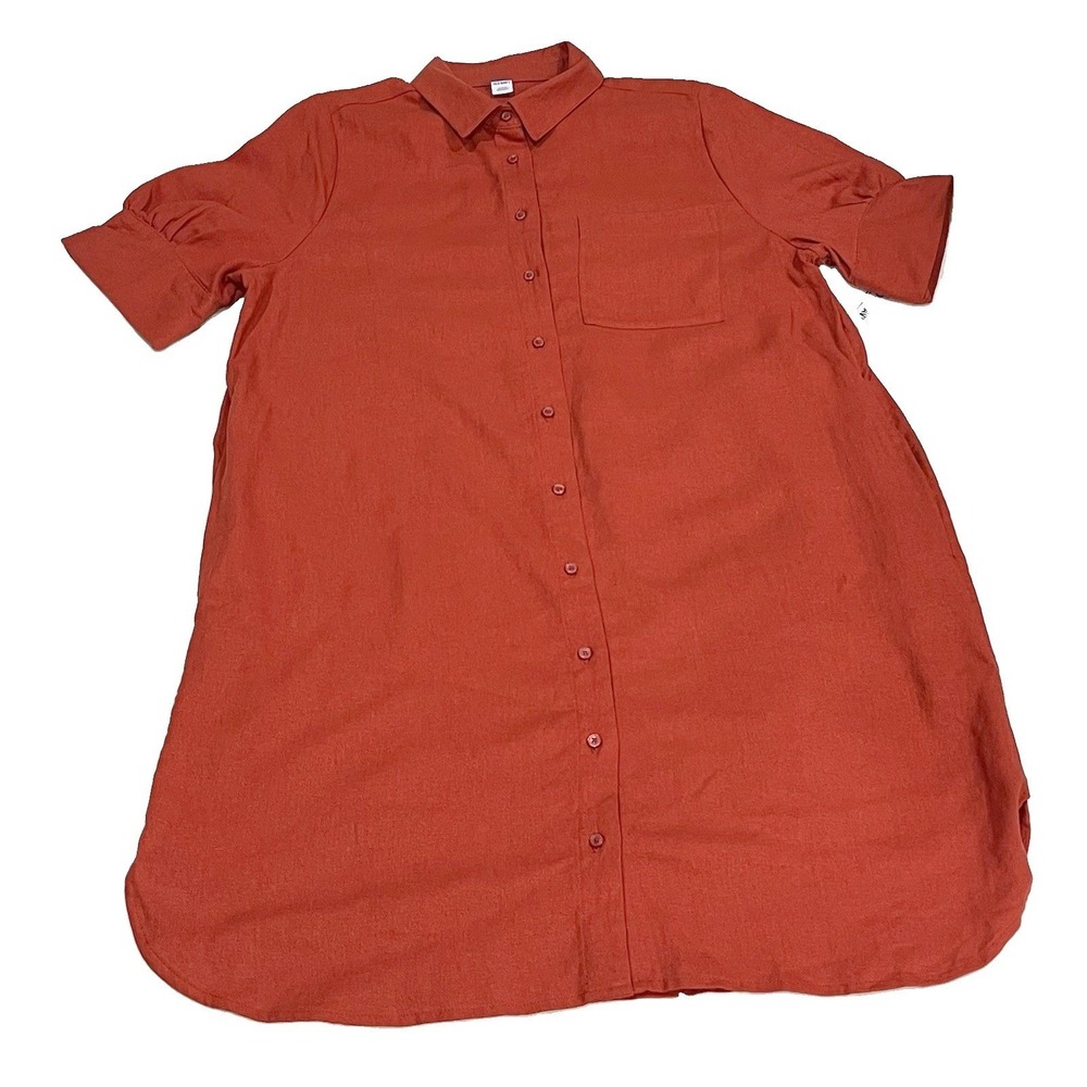 Old Navy Tunic Shirt Dress Rust Linen Viscose Collared Pocket 426028-00-1 M NEW